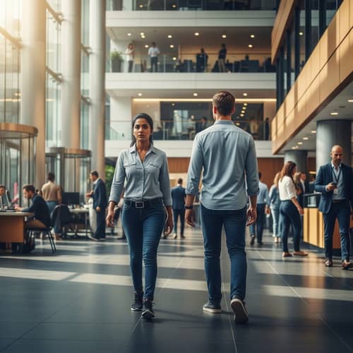 Female Bodyguard Protecting Male Client in Modern Office Lobby