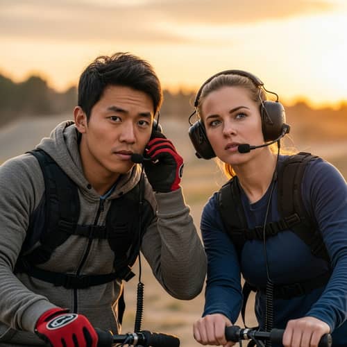 Intense Asian & Caucasian Extreme Sports Partners in Headset Strategy