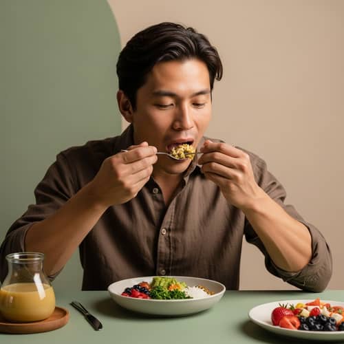 Healthy Vegan Man Enjoying Nutrient-Rich Meal | Peaceful Setting