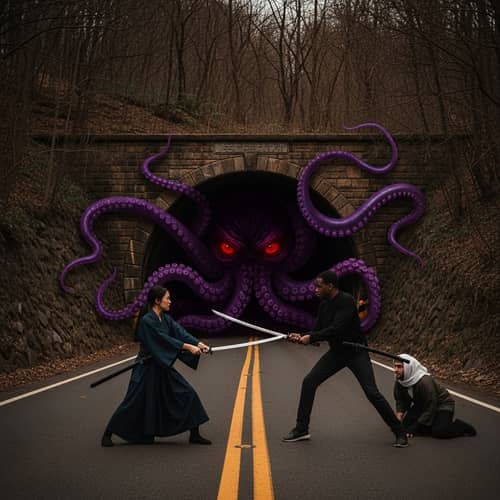 Fierce Samurai Battle in Tunnel with Menacing Octopus