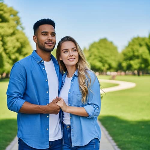 Joyful Hispanic Man & Blonde Woman in Casual Attire at Serene Park