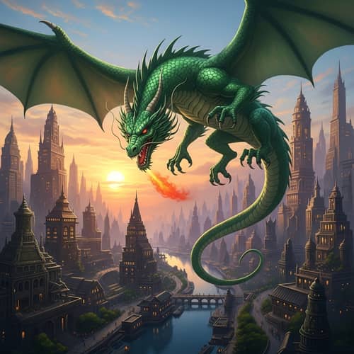 Majestic Green Dragon Soaring Over Intricate Cityscape