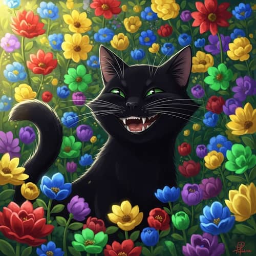 Gleeful Jet-Black Cat Surrounded by Vibrant Blossoms