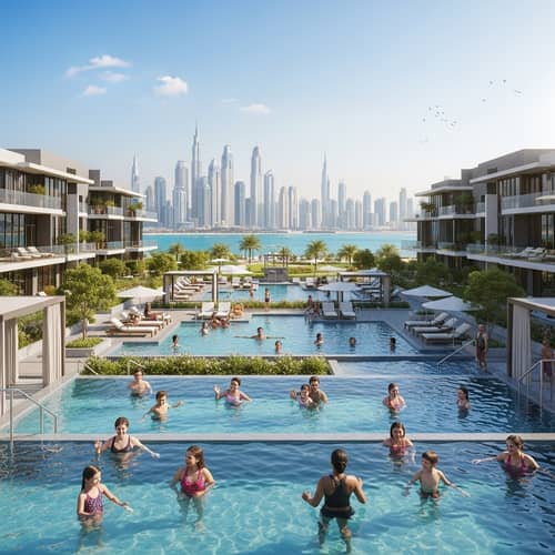 Sunny Panorama of Dubai with Residential Complex and Thermal Baths