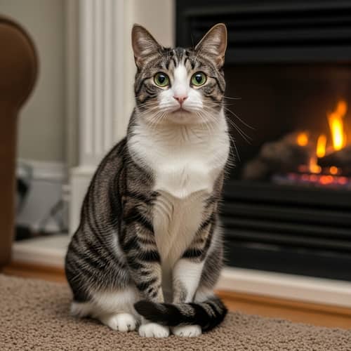 Salt and Pepper Domestic Cat with Bright Green Eyes | Cozy Living Room