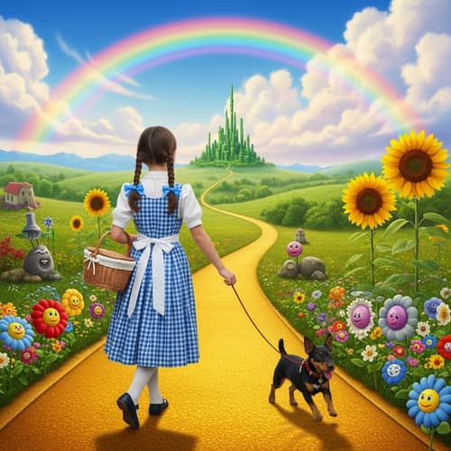 Young Girl in Rural Style Dress with Wicker Basket and Black Terrier