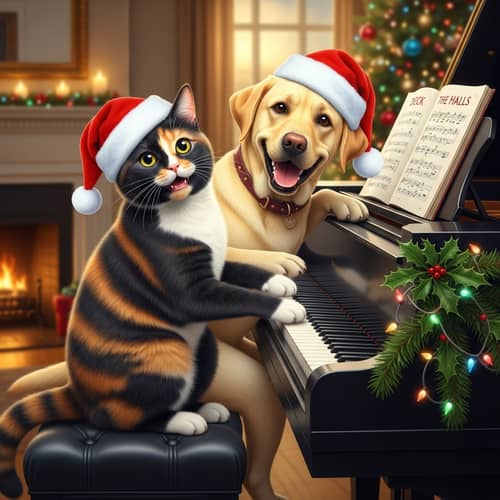 Christmas Kitty and Labrador Playing Piano Together