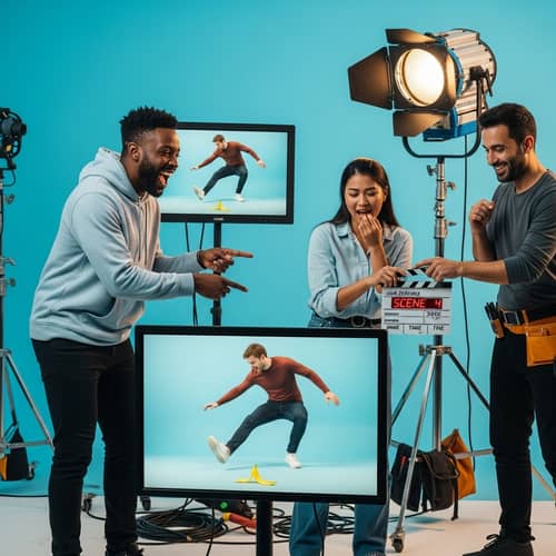 Humorous Video Scene: Director Laughing, Actor Tripping - Comedy Set