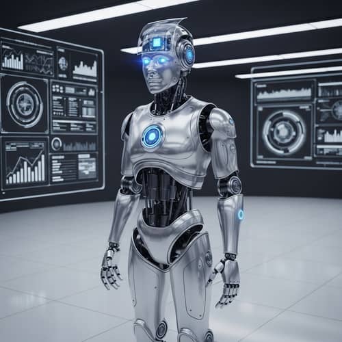 Sophisticated Futuristic Robot with Blue Glowing Eyes