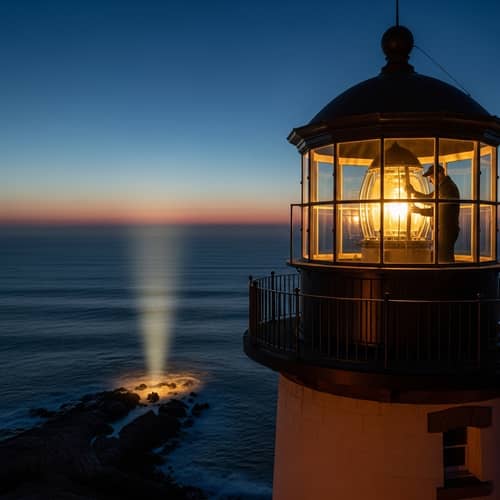 Twilight Lighthouse with Caretaker: Guiding Seafarers