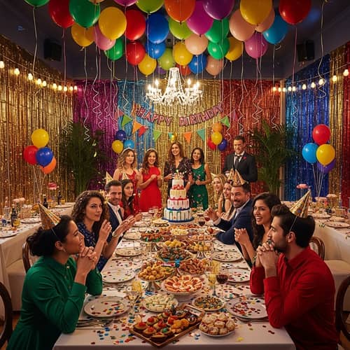 Vibrant Party Scene with Colorful Balloons and Delicious Foods
