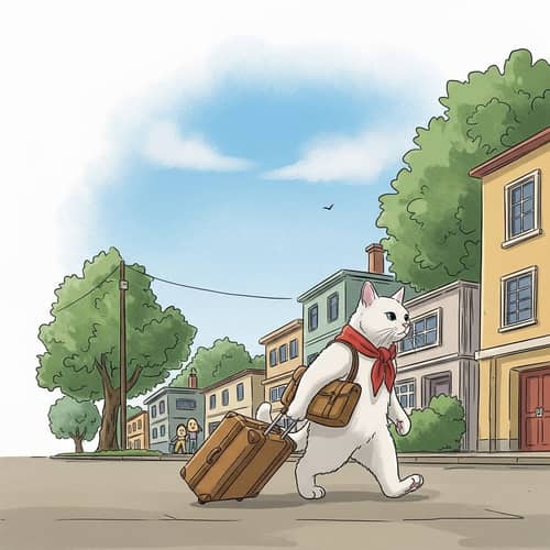 White Cat Carrying Suitcase | Sense of Sadness and Alienation