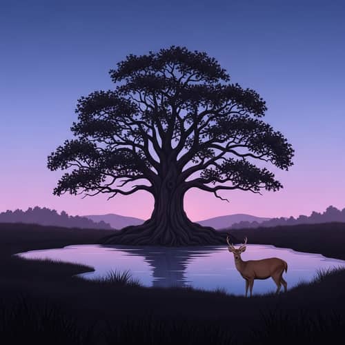 Tranquil Dusk Landscape with Ancient Tree and Serene Deer