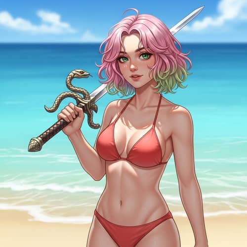 Vibrant Bikini Woman with Unique Sword on Sandy Beach