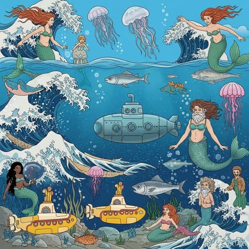 Whimsical Underwater Scene with Mermaids, Neptune, and Submarines