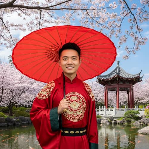 Traditional Chinese Man in Red Robe with Parasol in Cherry Blossom Garden