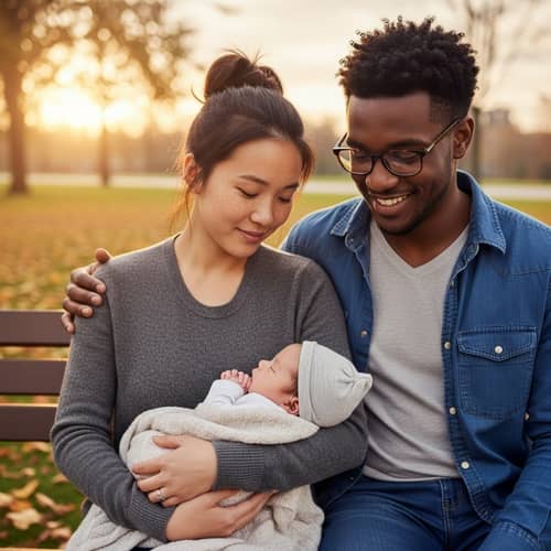 Realistic Image of Teen Parents with Sleeping Baby at Sunset