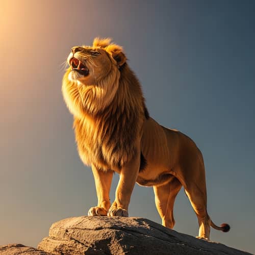Majestic Golden Lion Roaring on Rocky Outcrop