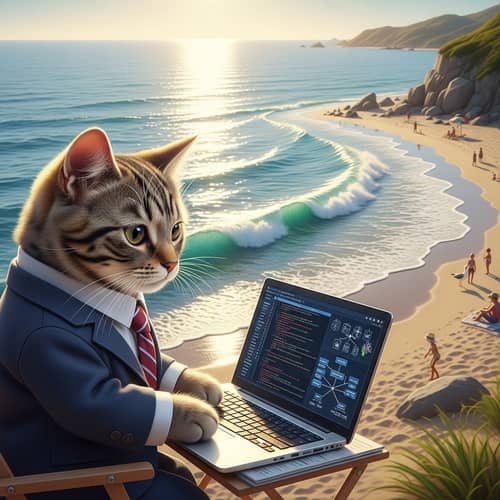 IT Professional Cat in Business Attire | Seaside Workstation