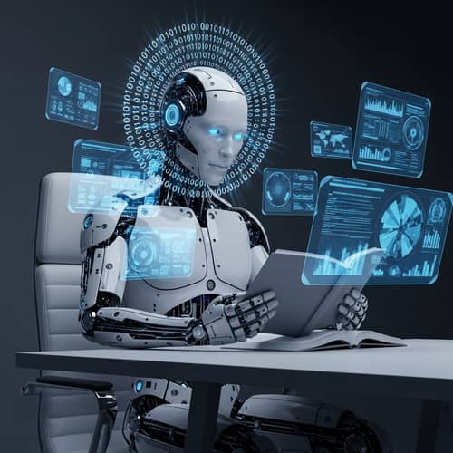 Futuristic Artificial Intelligence Engrossed in Book