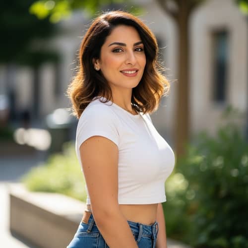 Middle-Eastern Woman in White Crop Top and Blue Jeans Smiling | Fashion Photo