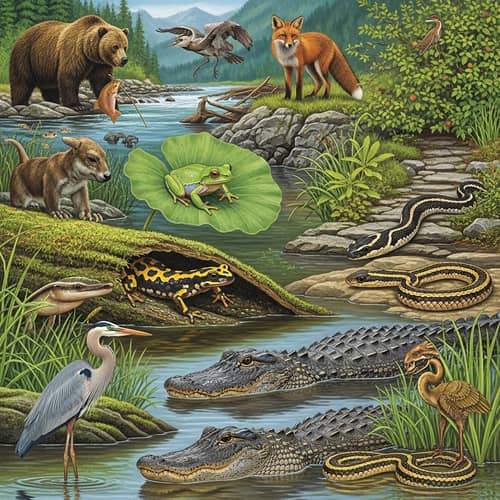 Diverse Landscape with 10 Distinct Animals from Animal Kingdom