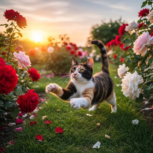 Playful Calico Cat Frolicking in Rose Garden at Sunset
