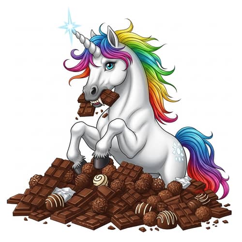 Whimsical Chocolate-Loving Unicorn with Sharp Fangs