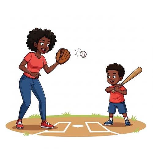 Playful Baseball Learning Moment Between Young Black Mother and Son