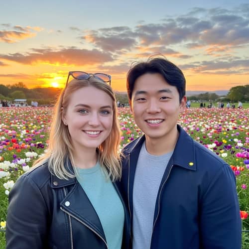 Russian Woman and Korean Man Embrace in Colorful Landscape