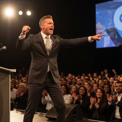 Passionate Speech by Middle-Aged Caucasian Man on Stage