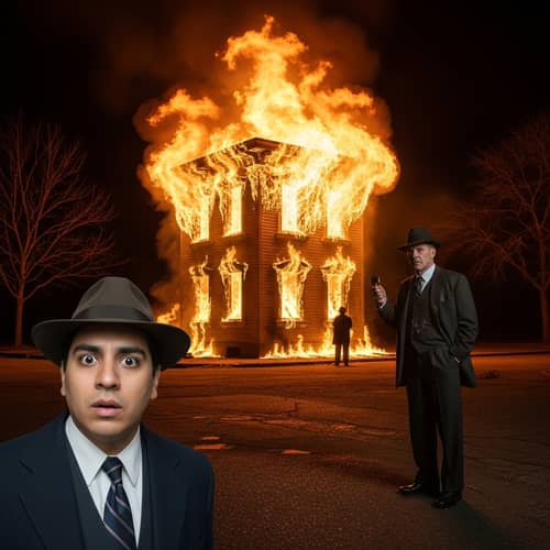Man in Classic Suit Watches Burning Building with Coolness