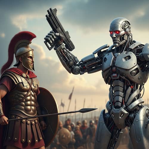 Trojan Warrior vs Terminator: Epic Battle on Ancient Battlefield