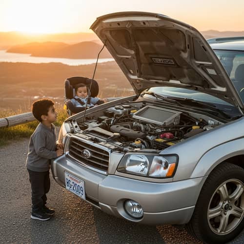 Captivating Scene with Subaru Forester SG5 and Curious Boy