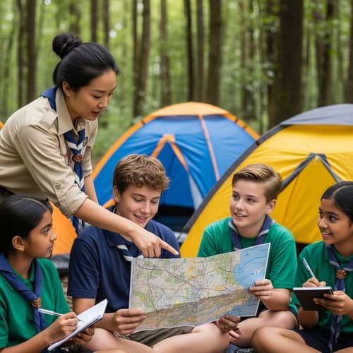 Diligent Scout Leader Guides Diverse Troop in Lush Forest