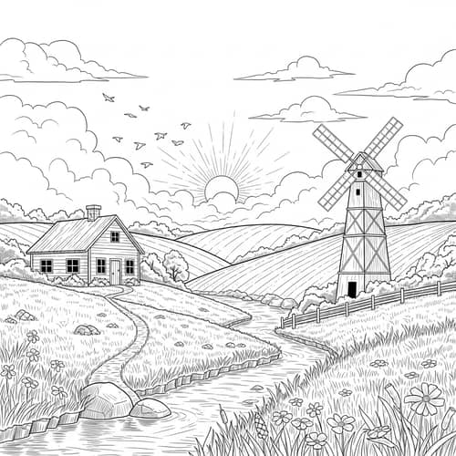 Black and White Sketch of Serene Countryside with Rolling Hills and Windmill