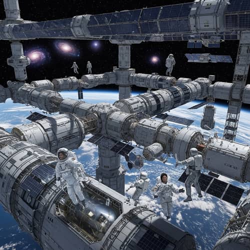 Futuristic Space Station: Ethereal View of Galaxy & Astronauts