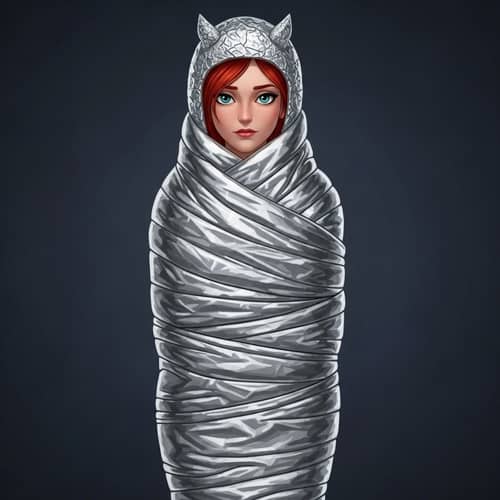 Kate McCrae in Silver Survival Blanket Art