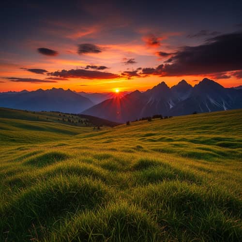Epic Nature Scenery with Lush Grass and Distant Mountains at Sunset