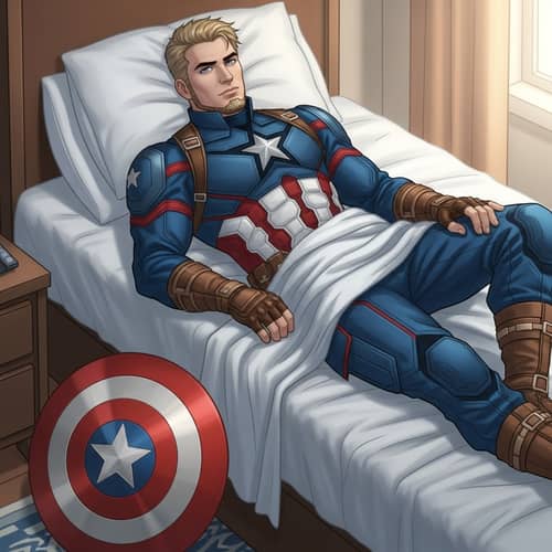 Heroic Man in Blue Outfit Resting with Iconic Shield