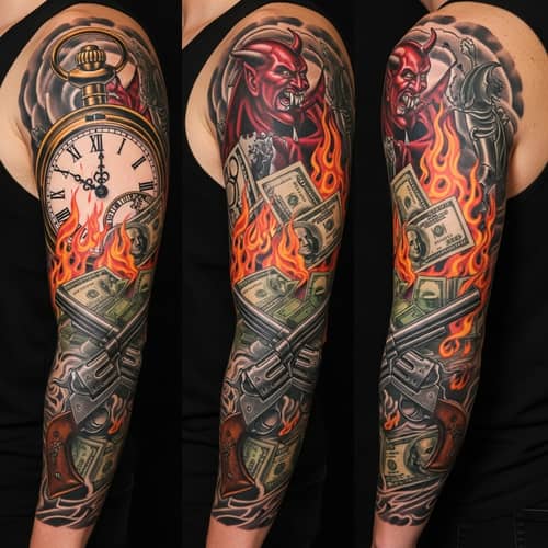 Elaborate Tattoo Sleeve with Pocket Watch, Money, Revolvers & Devil