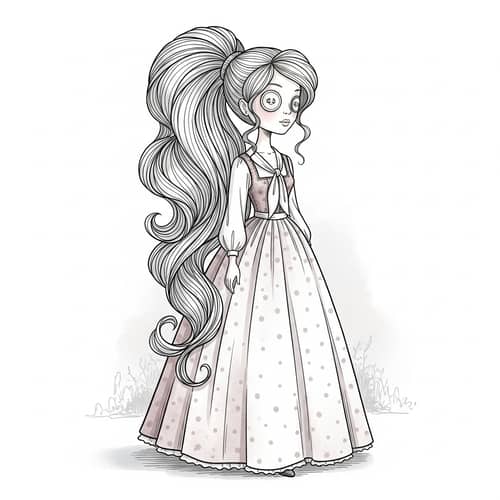 Doll-Like Woman in Long Dress and Blouse