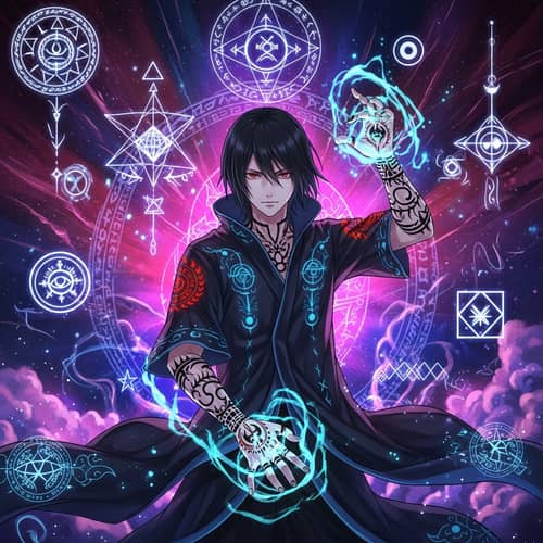 2k Mystic Sorcerer Anime Wallpaper - Slim Male Character with Red Eyes & Black Hair