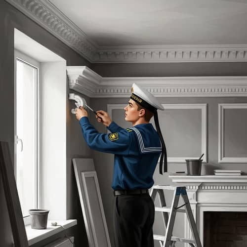 Vintage Russian Male Builder in Sailor's Uniform | Apartment Renovation Scene