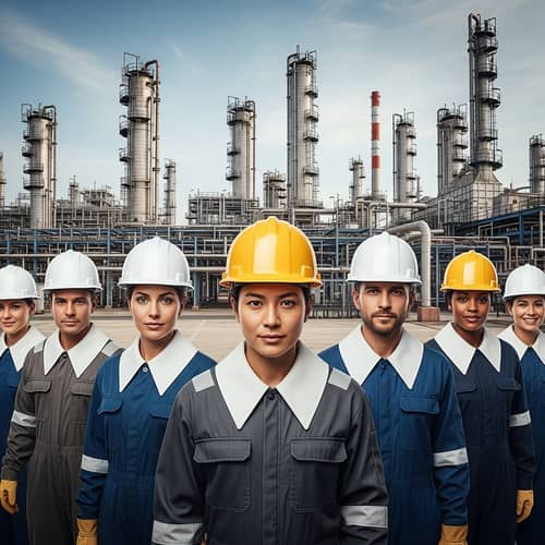 Oil Refinery Workers with Large White Collars | Industrial Formality