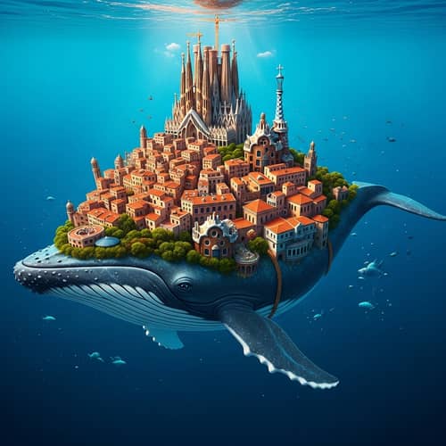 Barcelona Skyline Riding Majestic Whale - Urban Marine Spectacle
