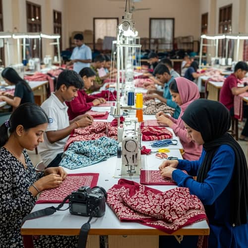 Traditional Khmer Sewing Workshop: Artisans Creating Vibrant Patterns