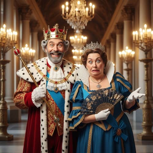 Humorous Royal Couple in Grand Palace Hallway