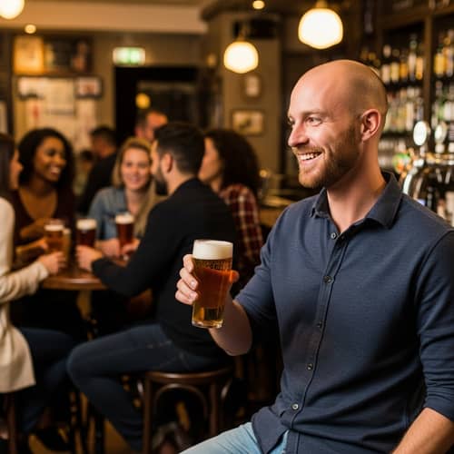 Charming Bar Scene with Cheerful Patrons and Cozy Ambiance