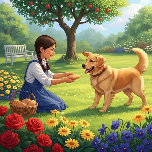 Hispanic Girl and Golden Retriever in Sunlit Garden | Heartwarming Scene